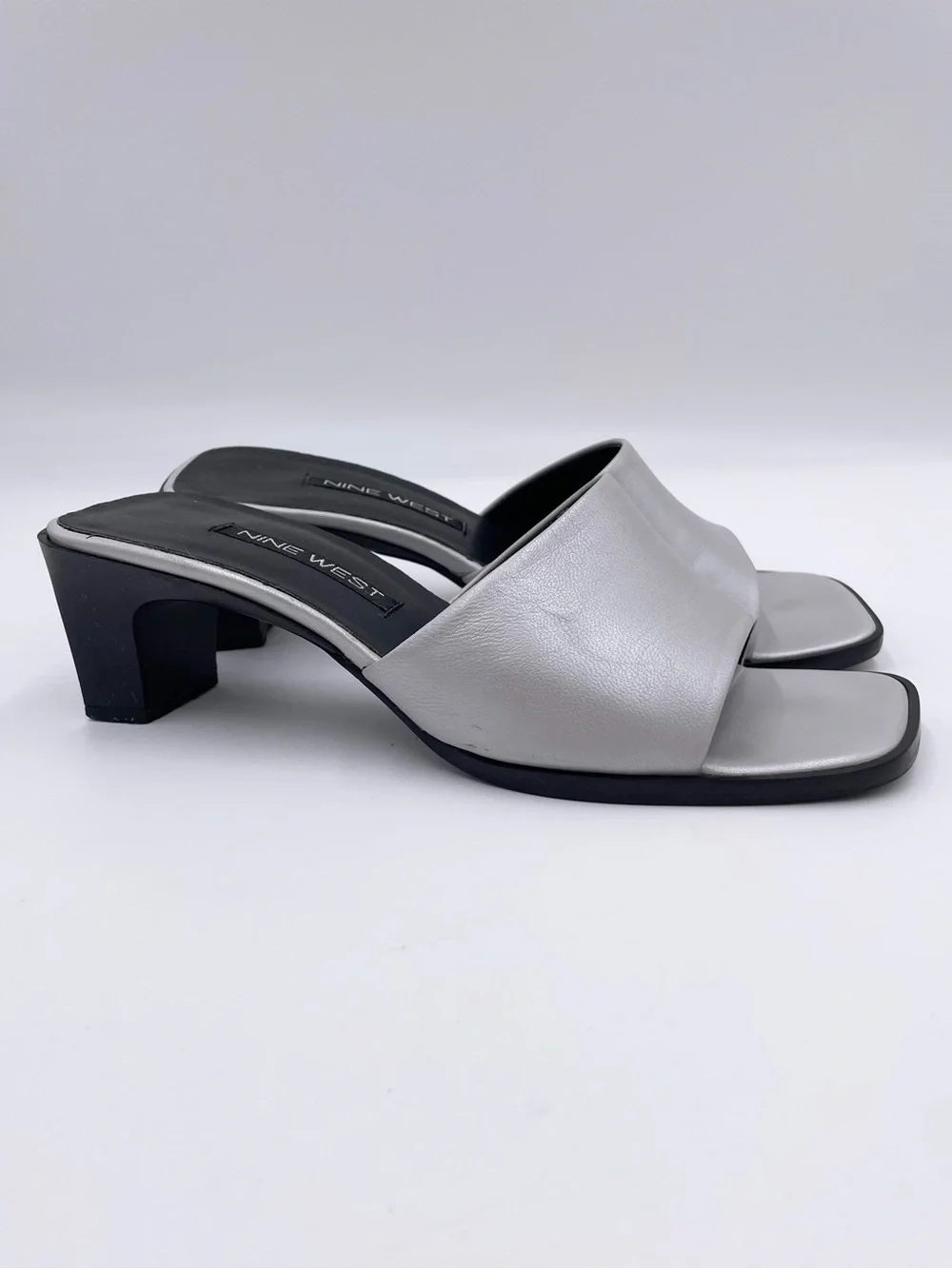 Vintage 90s Y2K Nine West Silver Square Toe Sandal Heels Size 5.5 Retro 2000s